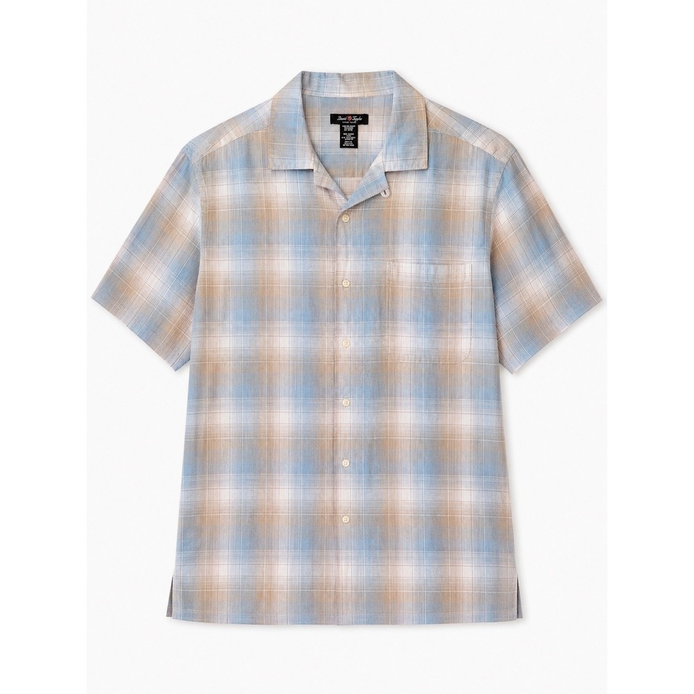 David Taylor Collection Mens XL Linen Cotton Plaid Short Sleeve Camp Shirt Blue